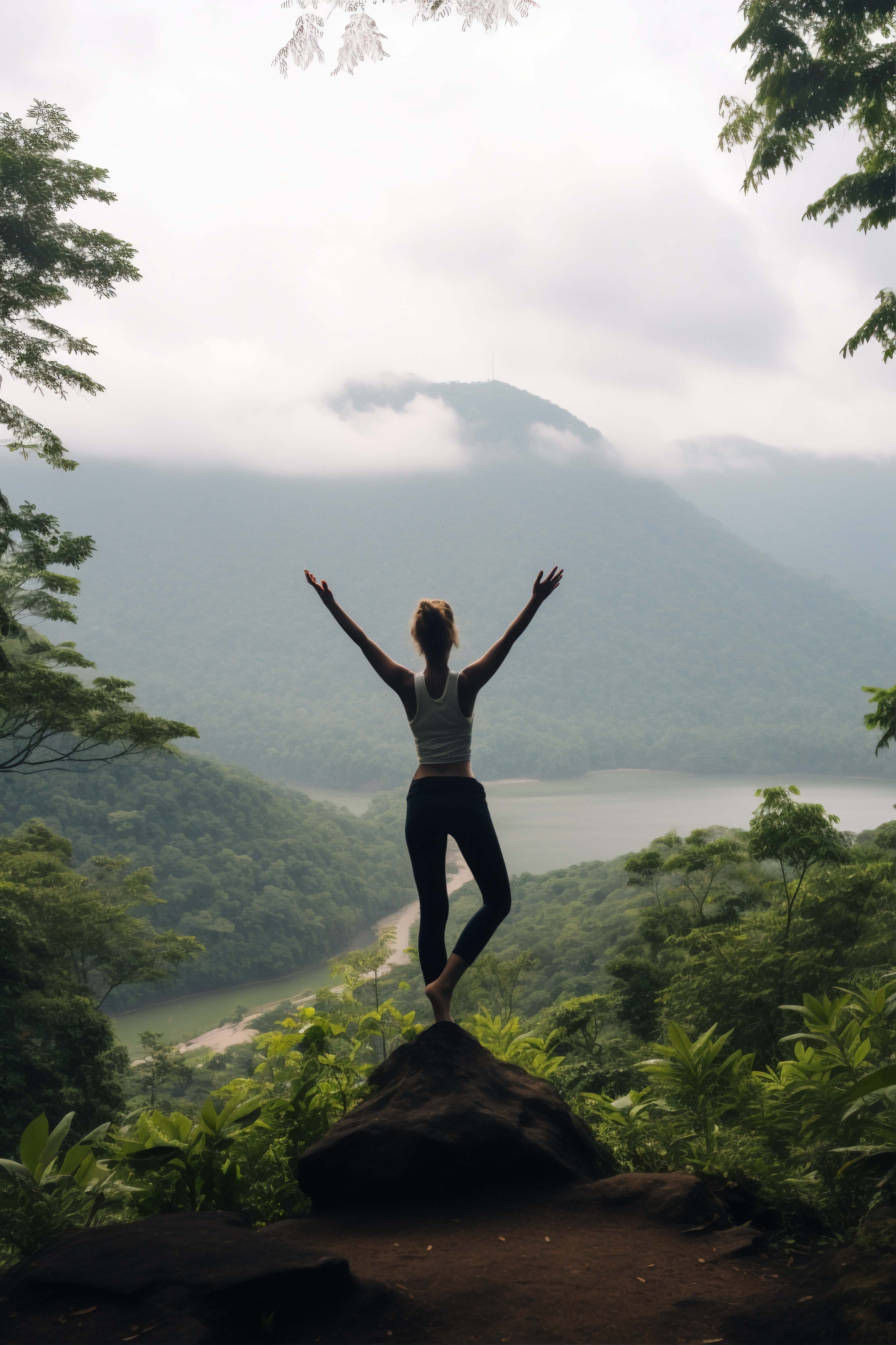 A woman with her arms raised, overlooking a green mountain valley