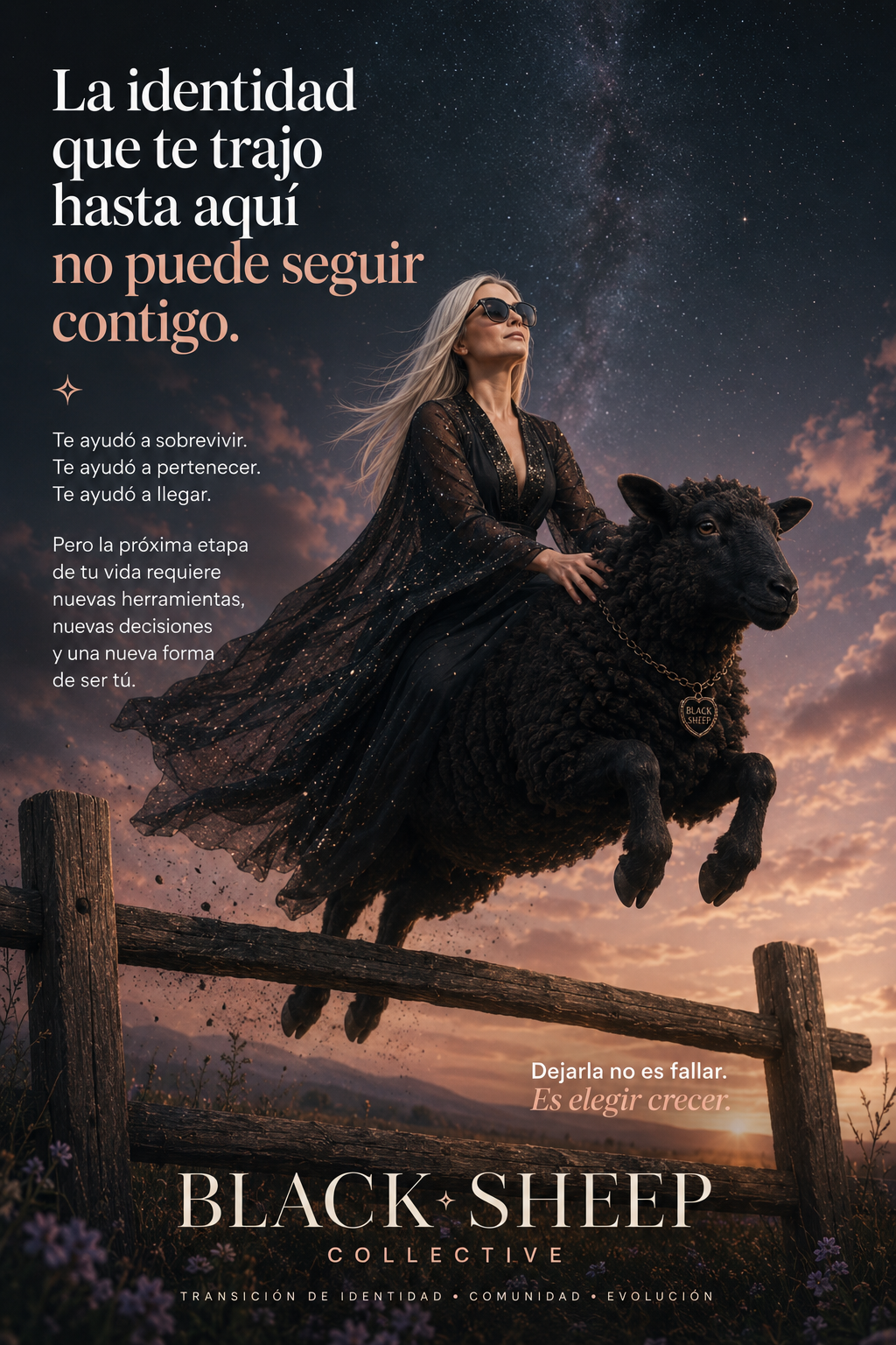 Cartel de Black Sheep Collective con una mujer montada sobre una oveja negra