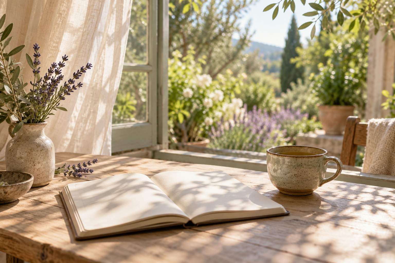 Un cuaderno abierto y una taza junto a una ventana con luz natural