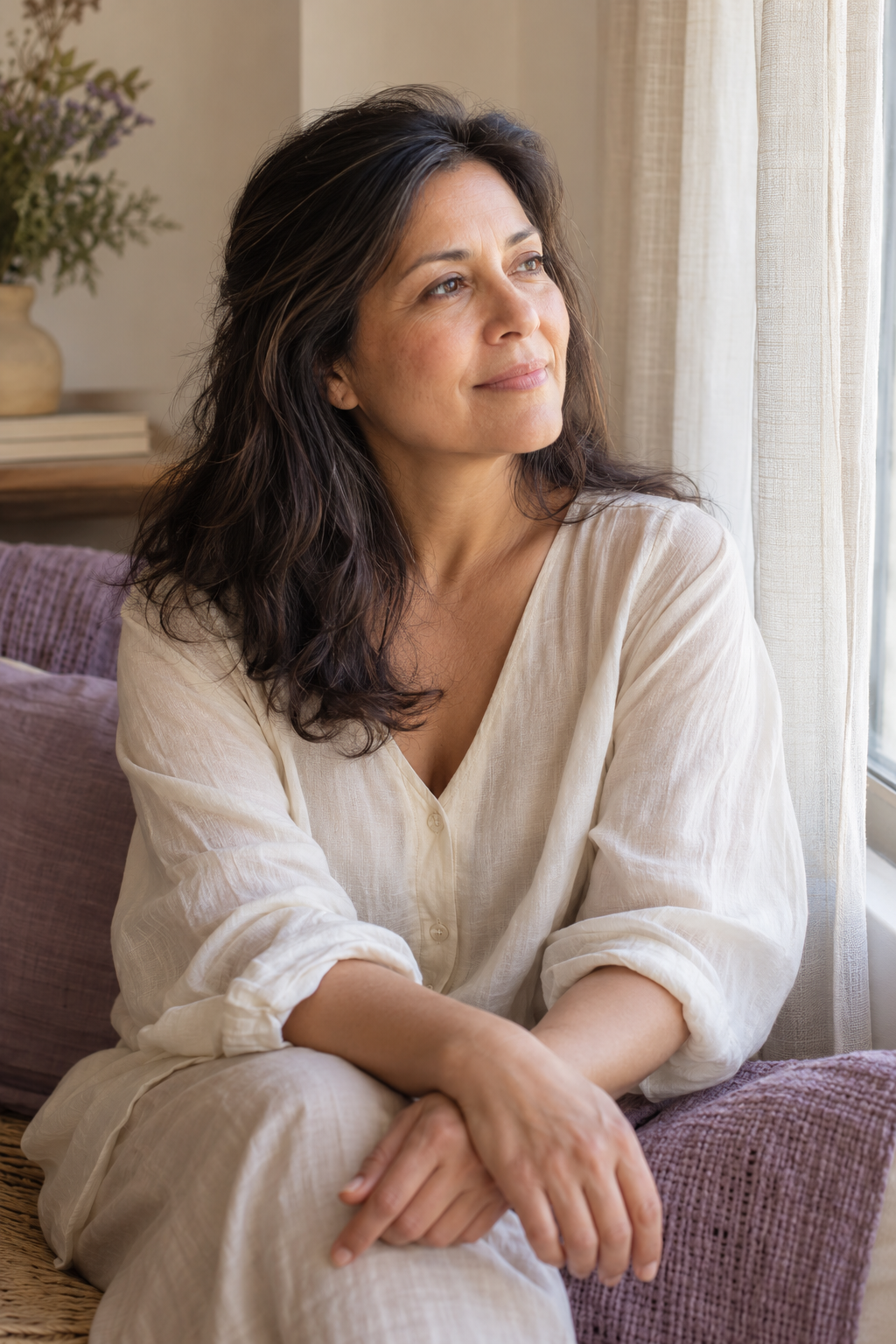 Mujer en un momento de reflexión junto a una ventana con luz natural